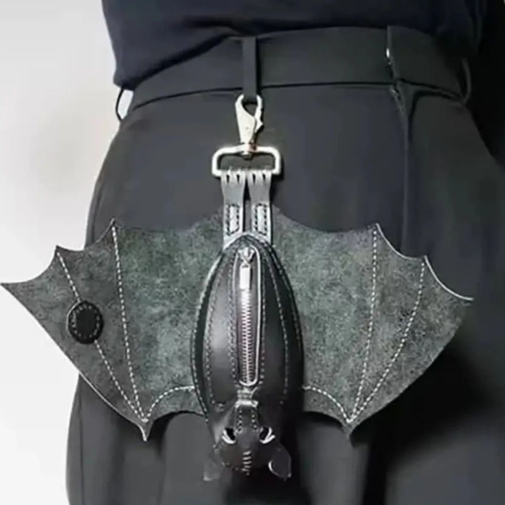 NWT Bat Bag Belt Charm Coin Purse Key Chain Black Faux Leather - Picture 3 of 8